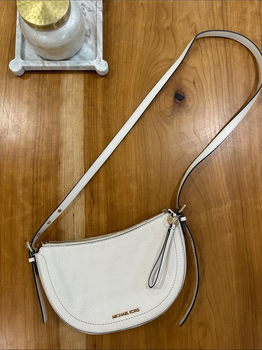 Michael Kors Cream Leather Crescent Crossbody with Gold Hardware